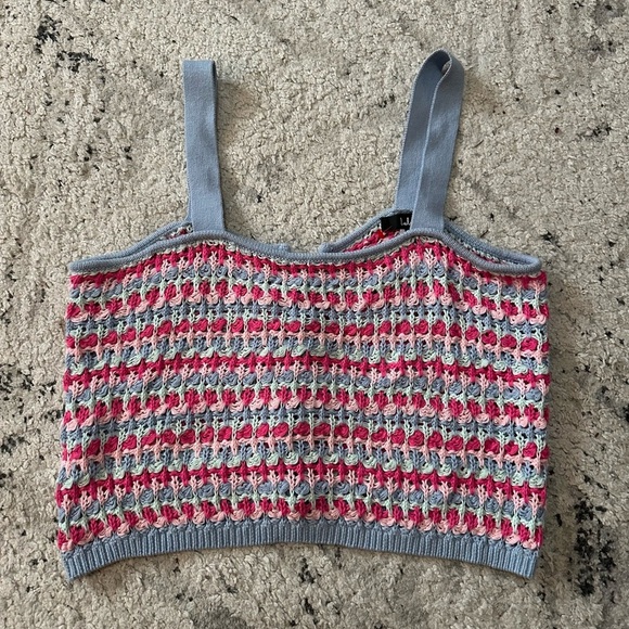 Natural Charm Light Blue Multi Crochet Lace-Up Tank Top Size XL - Picture 3 of 4